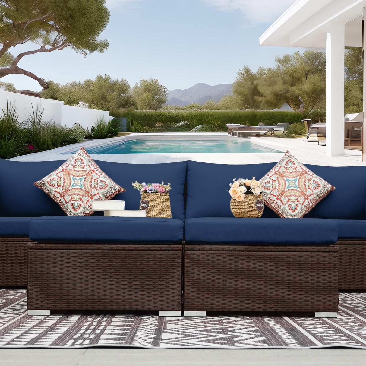 NICESOUL® Large 8 Pieces Brown Deep Seating Patio Backyard Patio Furniture with Ottomans Wicker Sectional Wicker Rattan Conversation Set with Navy Blue Olefin Cushion NICESOUL