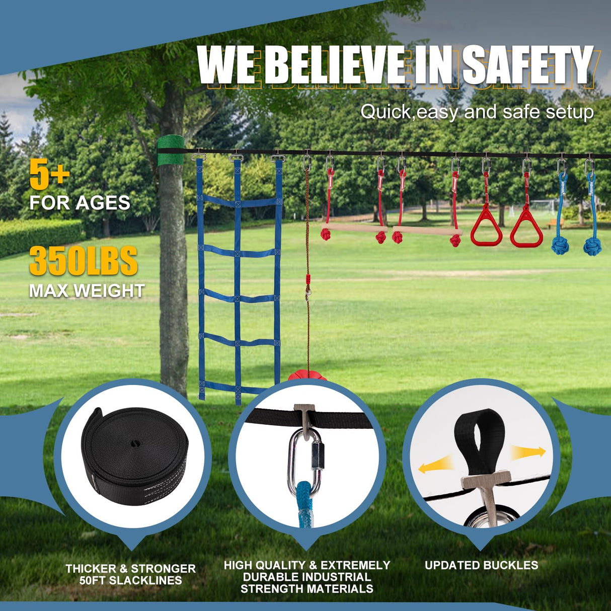 Slsy Ninja Warrior Obstacle Course for Kids, 50FT Durable Ninja Slackline Kit with 8 Complete Accessories, Playset Equipment with Swing, Climbing Net, Ladder & Monkey Bars (8 Obstacles) Slsy