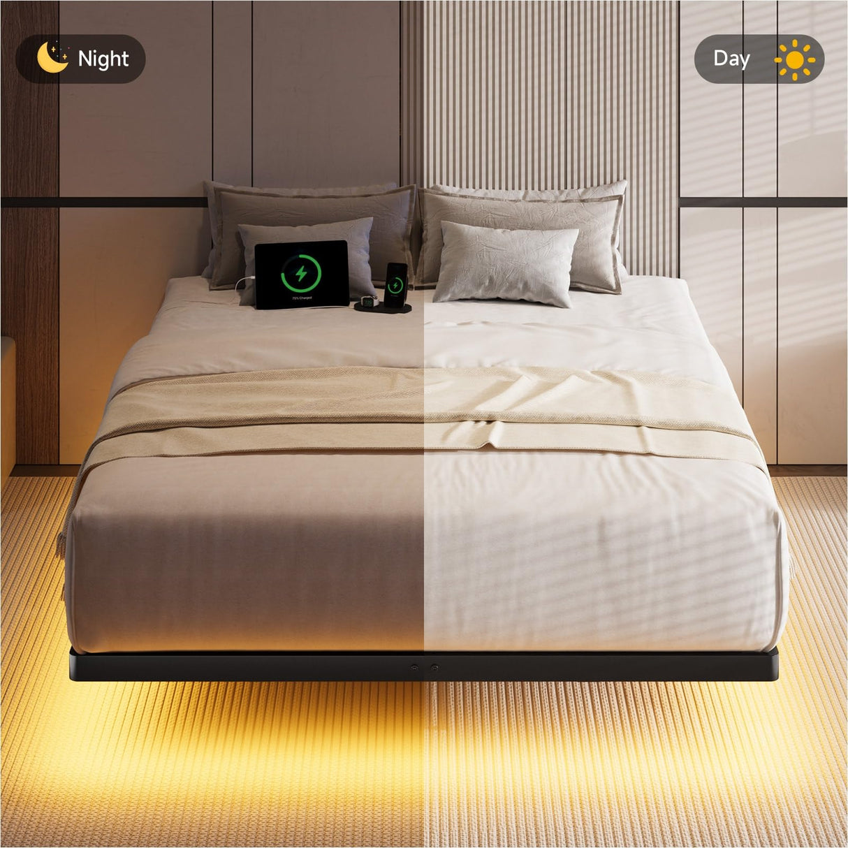 ONBRILL Queen Size Floating Bed Frame with Smart LED Lights and USB Charging Station, Heavy Duty Metal Construction ONBRILL