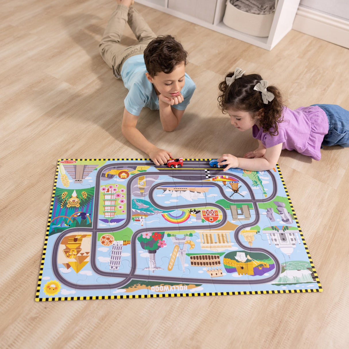Melissa & Doug Race Around the World Tracks Cardboard Jigsaw Floor Puzzle and Wind-Up Vehicles – 48 Pieces, for Boys and Girls 4+ - FSC Certified Melissa & Doug