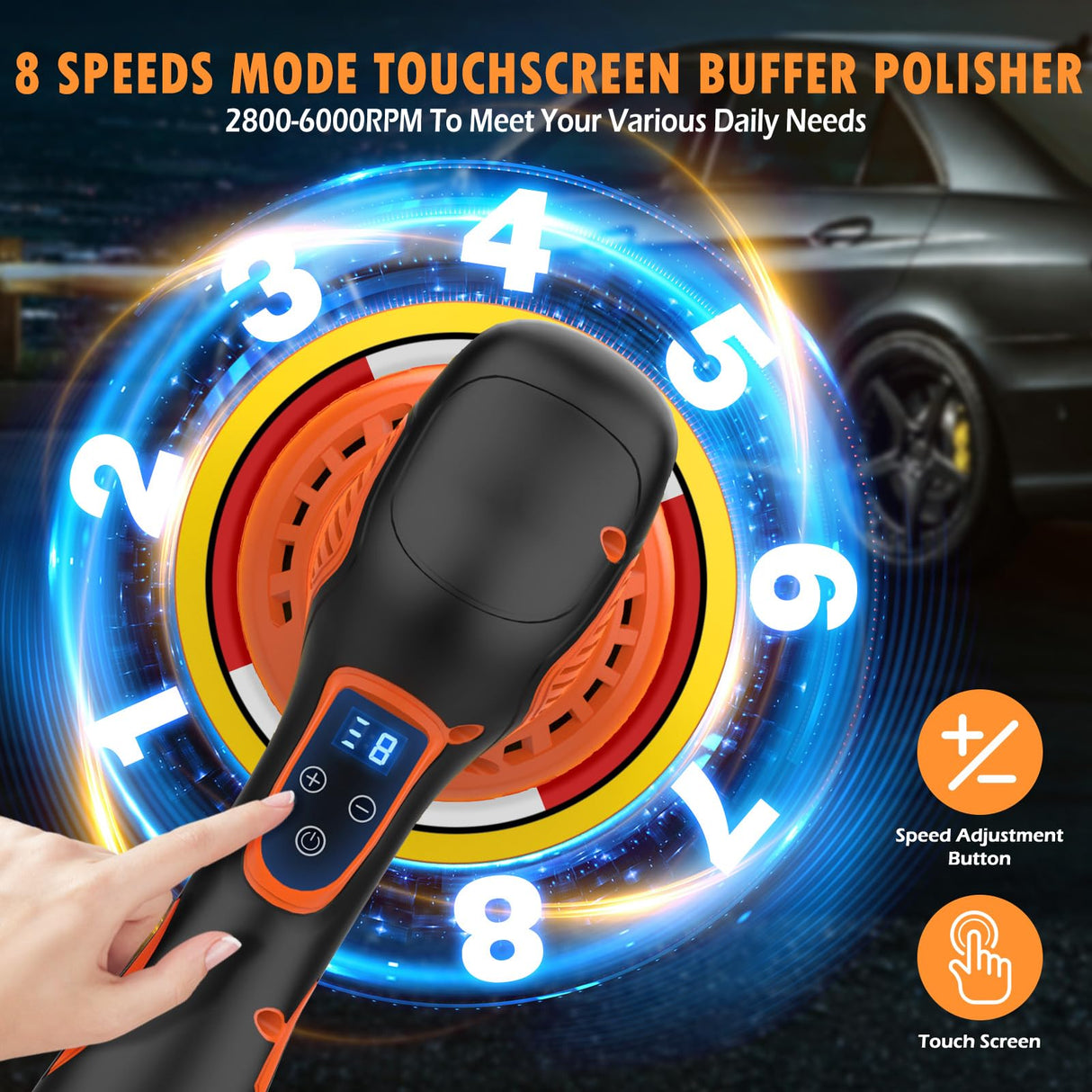 Cordless Car Buffer Polisher, Car Polishing Kit with 21V 2 X 4.0Ah Batteries, Orbital Eccentric Buffers with 8 Variable Speed Up to 6000 RPM, 6IN Touchscreen Buffer for Car Detailing/Scratch Removing Protmex