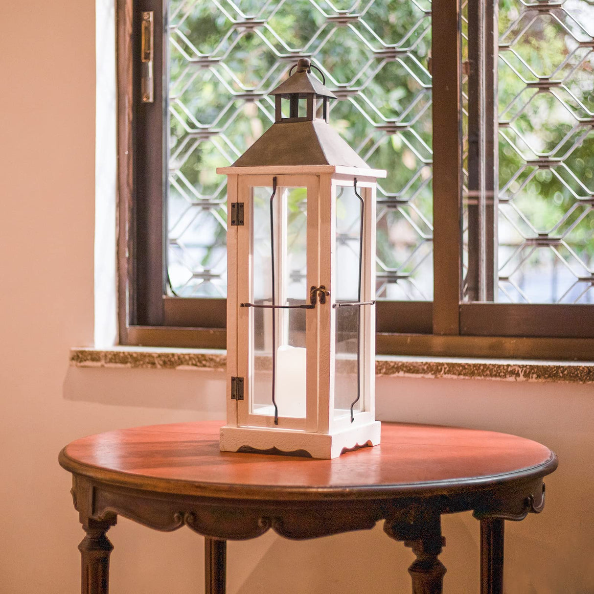 Bdor 2 Pack 26in Farmhouse White Waterproof Wood Metal Decorative Lanterns with Remote Control, Timer, Tempered Glass, Flameless Pillar Candles, Decorative Lanterns for Front Porch, Wedding Bdor