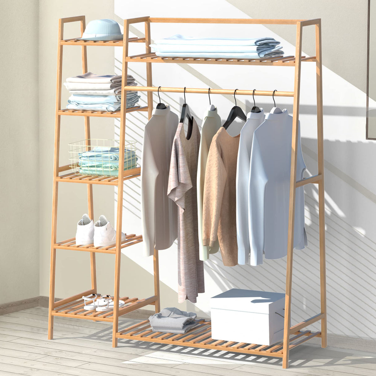 43.5" Bamboo Garment Rack - Free Standing Clothes Coat Hanger, Rolling Closet Organizer with Shoe Rack, Wardrobe Storage Shelves for Hall, Living Room, Bedroom, Office RELIANCER