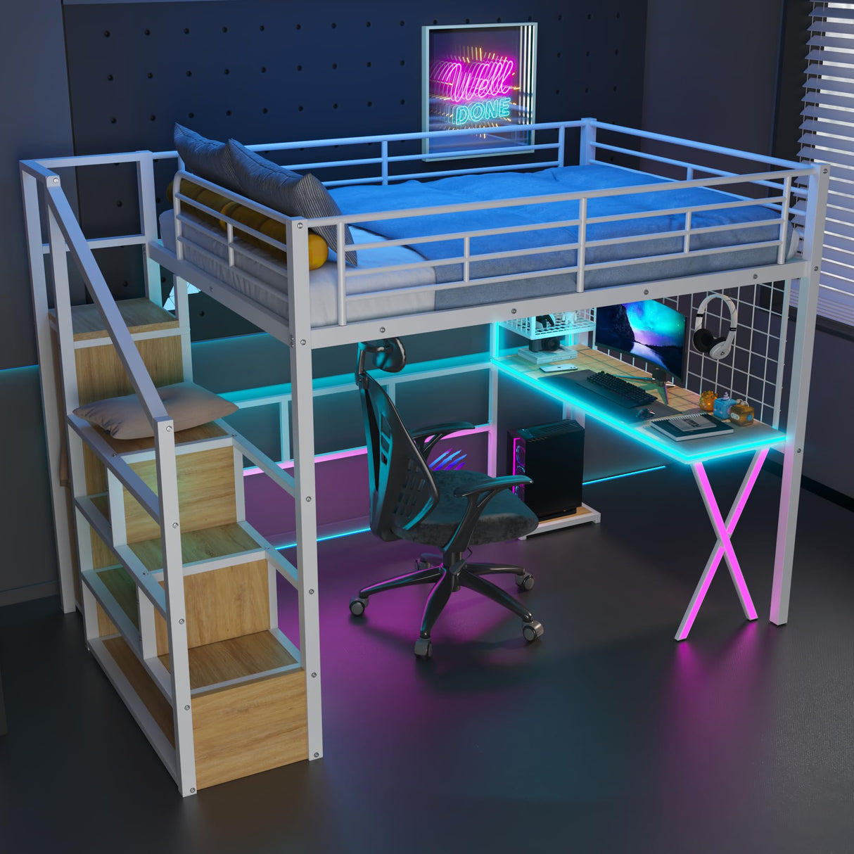 MoproBeti Full Size Loft Bed with Desk and Storage Stairs,Metal Gaming Loft Bed Full with LED Lighting, High Loft Bed with Wardrobe and Shelves for Boys,Girls,Teens, Adults,White MoproBeti