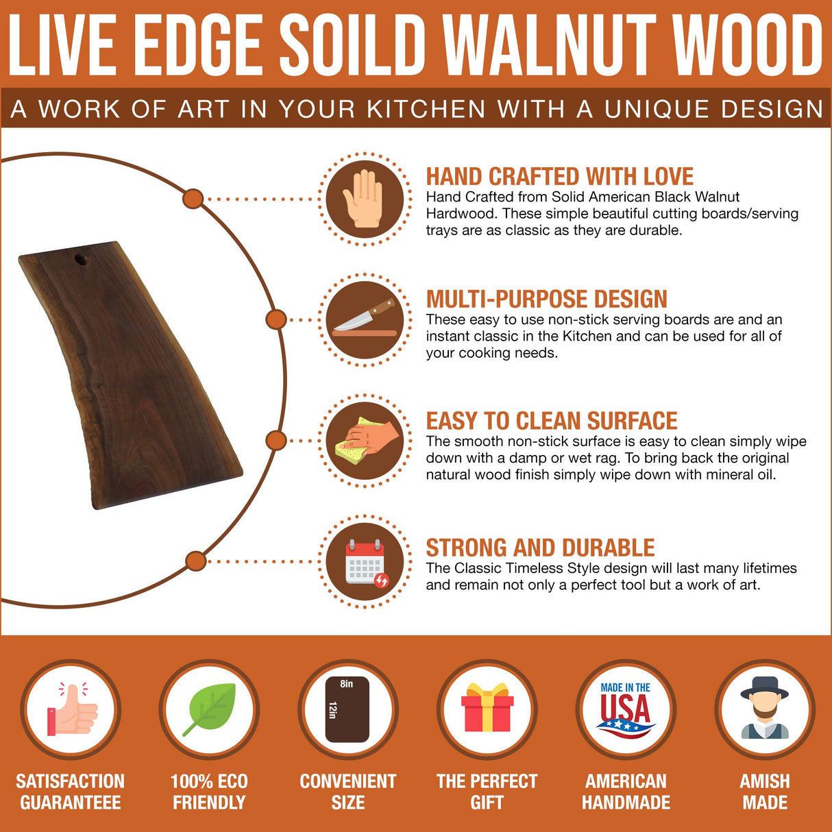 Live Edge Black Walnut Cutting Board, American Amish Handmade, Each Cutting Board is Unique, X Large Cutting Board 10" x 15"… Arbor Down