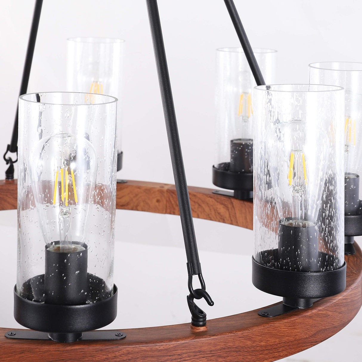 Wellmet 8-Light Farmhouse Chandeliers for Dining Room, 30 inch Rustic Wagon Wheel Chandelier with Seeded Glass Shade, Antique Vintage Round Wood-Painted Hanging Lighting Kitchen Island Living Room Wellmet