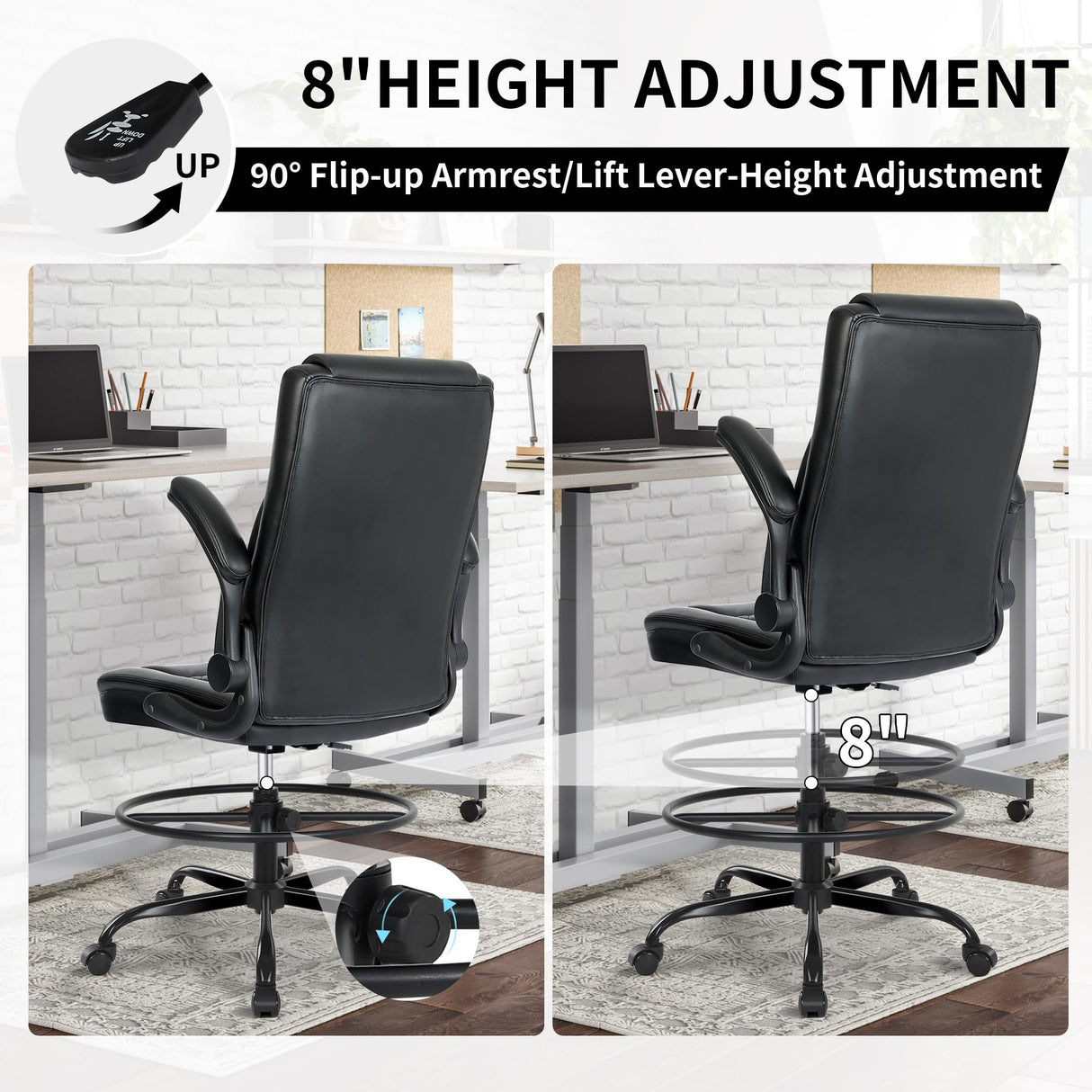 Misolant Drafting Chair, Tall Office Chair for Standing Desk, Standing Desk Chair with Adjustable Height and Flip-up Arm, Leather Drafting Chair, High Office Chair for Counter Height Desk Misolant