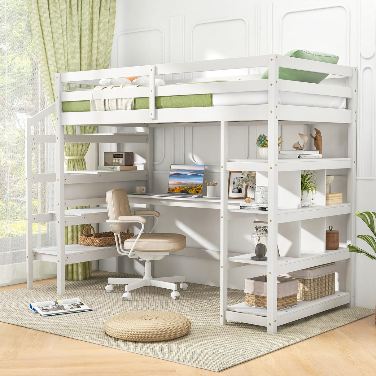 Giantex Twin Loft Bed with Desk & Storage Stairs - Solid Wood High Bed for Kids & Teens - White Giantex