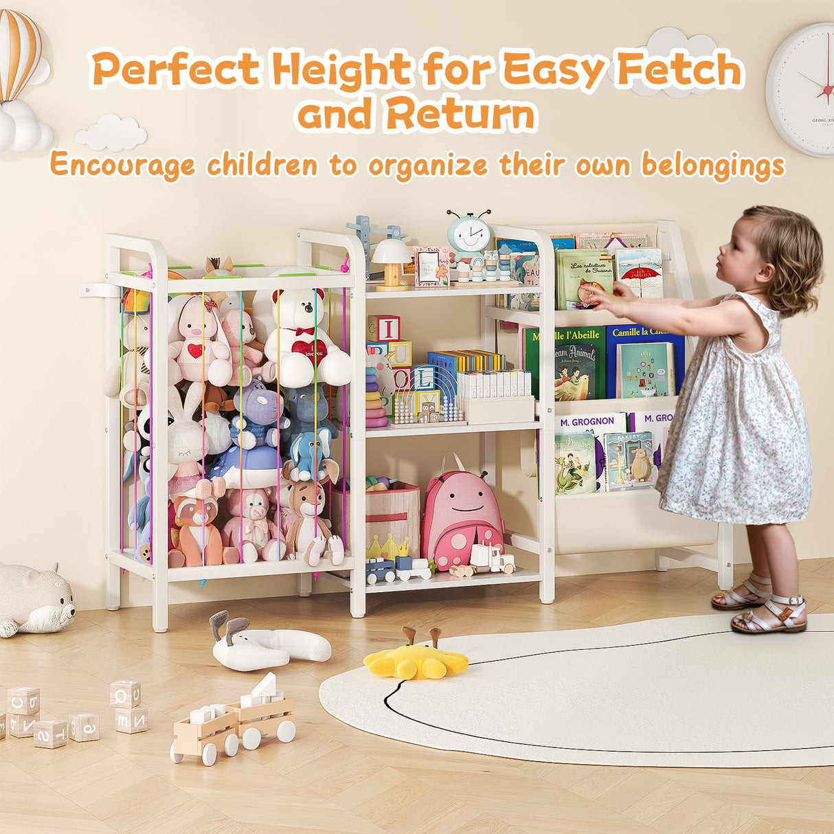 CYXPHION B1 Kids Bookshelf and Toy Storage, 3-Tier Book Shelf for Kids Rooms, Sling Baby Bookcase with Stuffed Animal Storage, Montessori Toddler Bookshelf for Nursery, Bedroom, Playroom, White CYXPHION