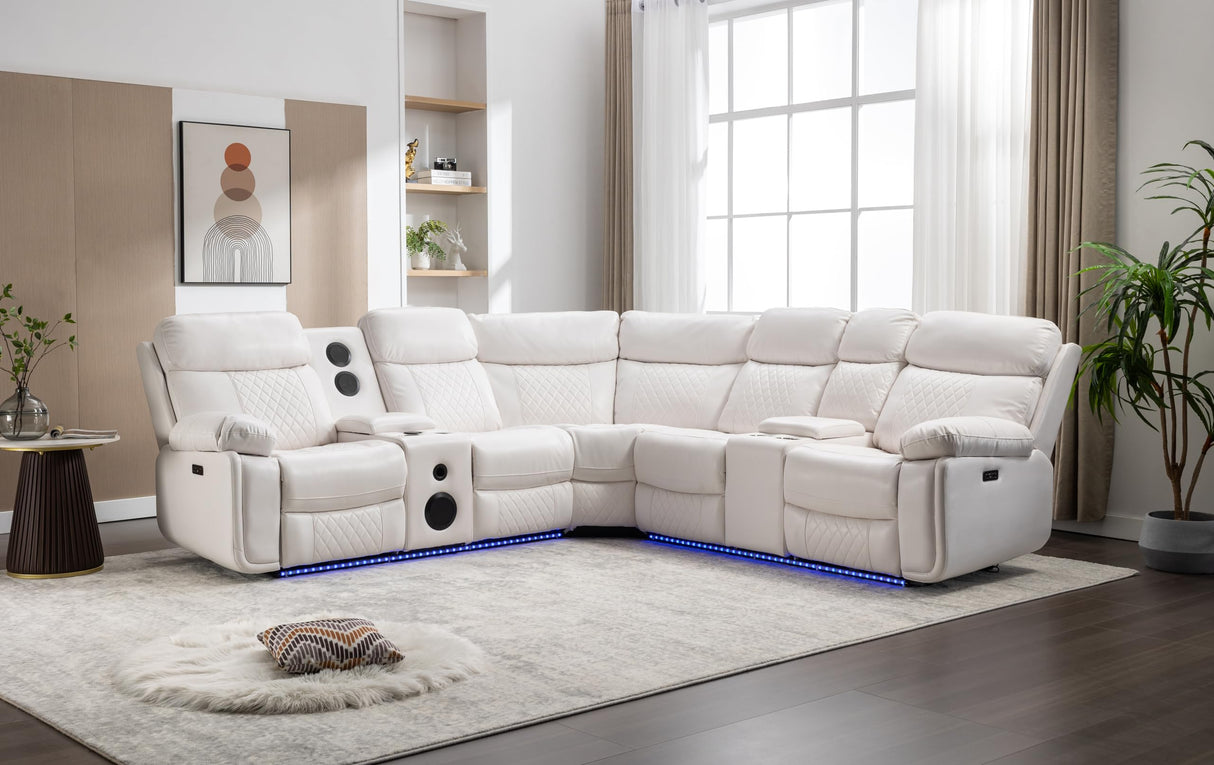 Power Recliner Sectional Sofa Wall Hugger with Bass Speakers,LED Strip,USB Ports,Storage Console,Cup Holders,Faux Leather Reclining Sectional Couch with 2 Recliners for Living Room,5 Seats,White Comfort Stretch
