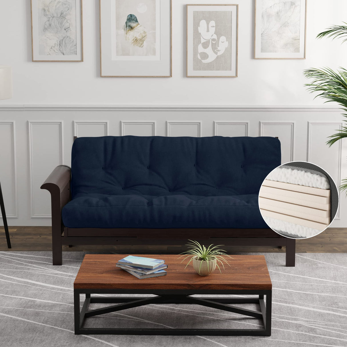 Loosh Premium Queen Size Sofa Bed Memory Foam Futon Mattress - 10" USA Made, Navy, No Frame Loosh