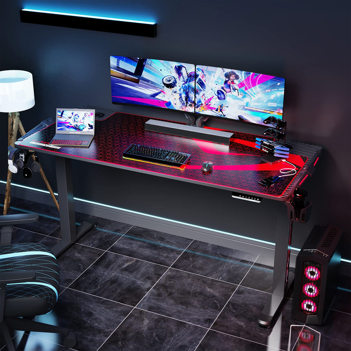 DESIGNA 65 inch Electric Height Adjustable Gaming Desk Standing Desk, Large Computer Desk with RGB LED Lights and Extended Gaming Mouse mat for Home Office DESIGNA