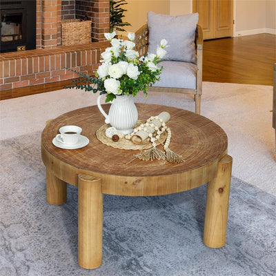 HOKYHOKY Round Wood Coffee Table - 29.53" Wooden Coffee Tables Living Room with Solid Wood Legs and Natural Wood Veneer, Farmhouse Boho Circle Coffee Tables, Natural Wood Color, 29.53" D X 16.54" H