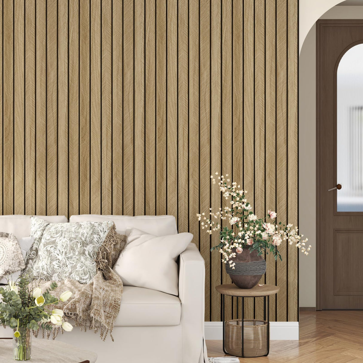 STICKEEP 3D Brown Wood Panels for Walls 120" x 12" Acoustic Slat Wall Paneling Peel and Stick Wood Panels Self Adhesive Flexible Wooden Slat Wallpaper for Bedroom Living Room Wall Decor Ceiling STICKEEP