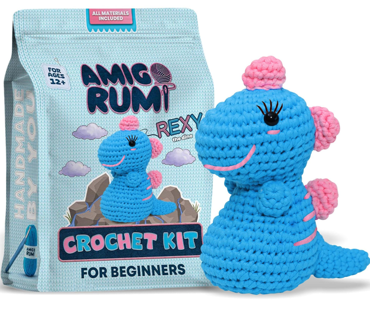 Amigo Rumi Cute Dinosaur Beginners Crochet Kit - Learn How to Crochet Starter Kit - 3+ Hours of Video Tutorials & Crocheting Book - Easy to See Yarn - Amigurumi Stuffed Animal for Kids 12+ & Adults Amigo Rumi