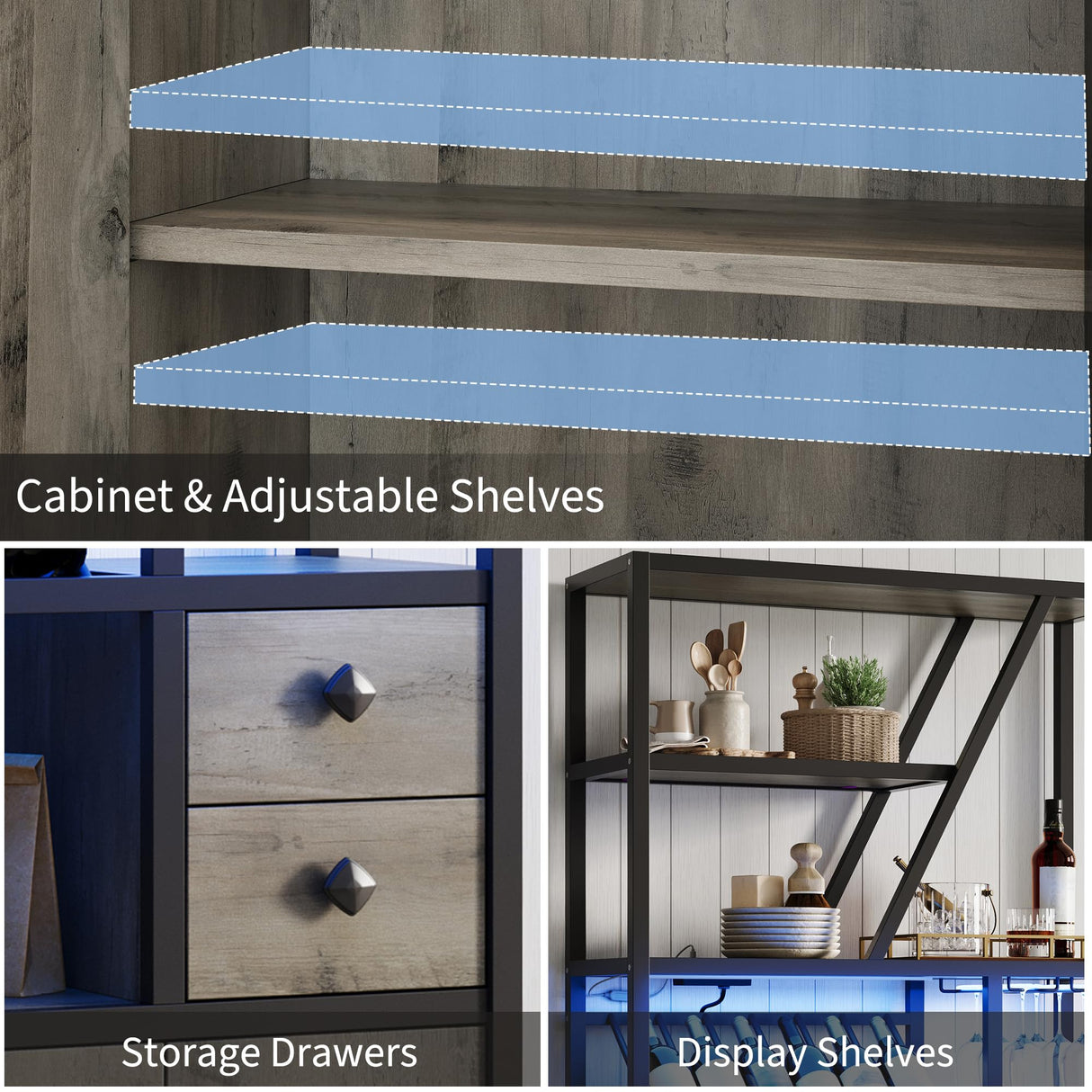 IDEALHOUSE Bar Cabinet with Wine Rack, Liquor Stand with Glass Holder & LED Lights, Coffee Sideboard Cabinet for Living Room, Home Bar IDEALHOUSE