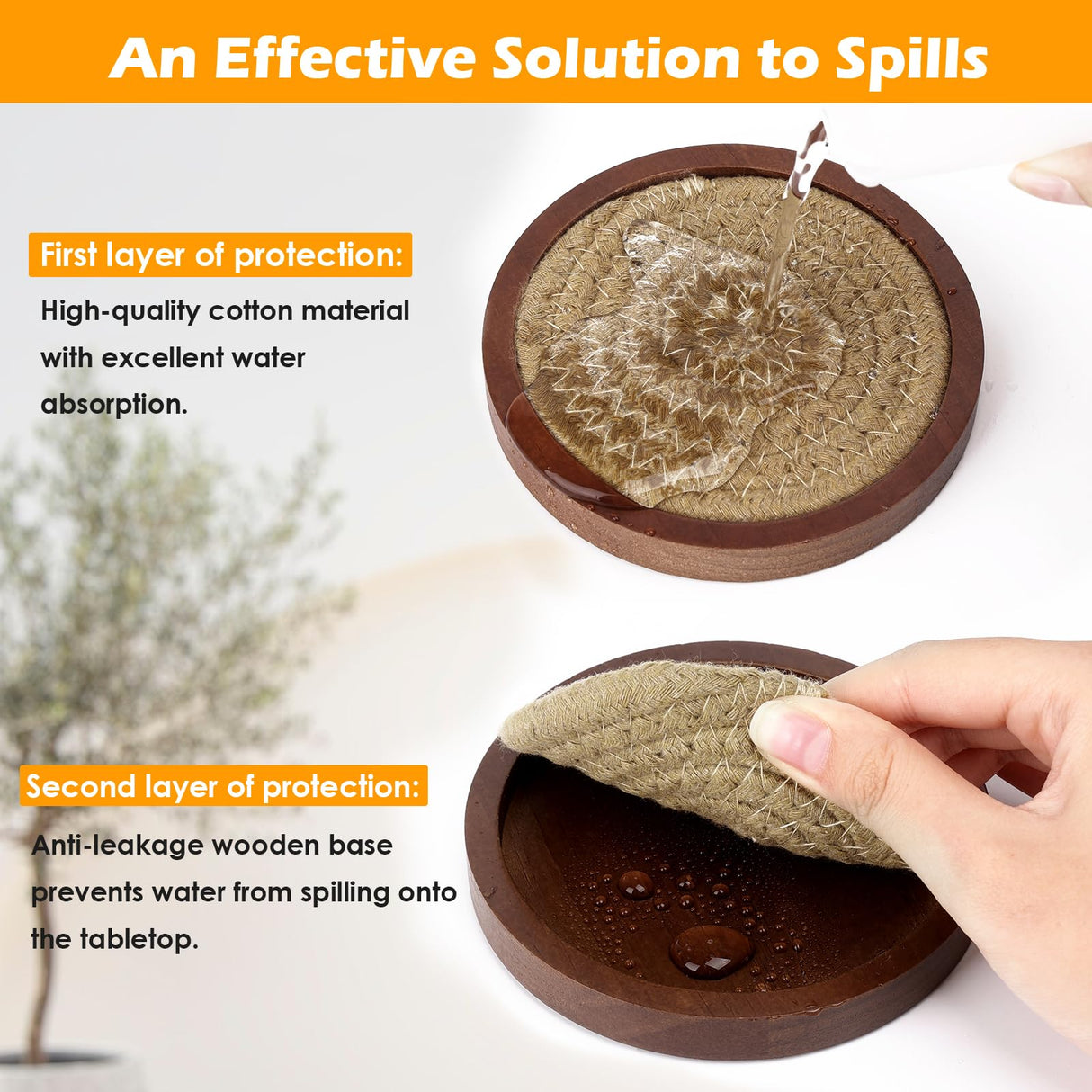 Mckanti 5 Pack Wood Coasters for Drinks with Cotton Coasters Insert, Wooden Coasters with Holder for Coffee Table Decor, Absorbent Coasters for Kinds of Cups, 4.3 Inches Mckanti