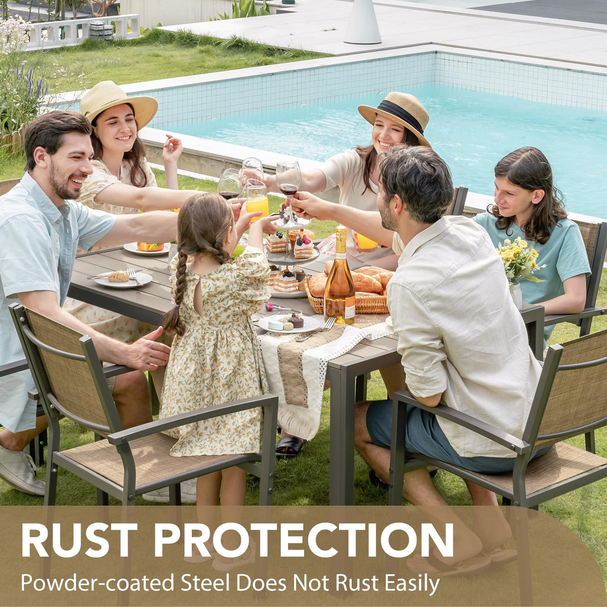 Devoko Patio Dining Set 7 Piece Outdoor Furniture with Rectangular Table and 6 Stackable Chairs Family Conversation Set for Garden Backyard Deck (Brown) Devoko