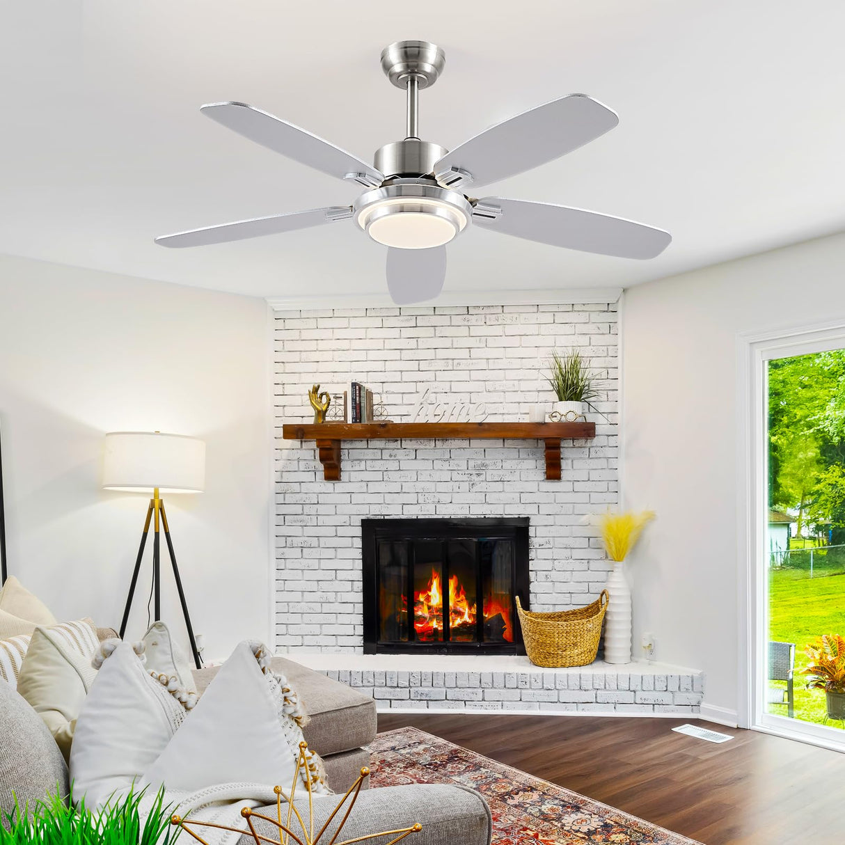 Ceiling Fans with Lights and Remote/APP Control,50“ Modern Ceiling Fan with Quiet Reversible DC Motor, 5 Dual Finish Blades,Dimmable 3-Color LED Fandelier for Indoor Bedroom,Livingroom Nickel Hounberi