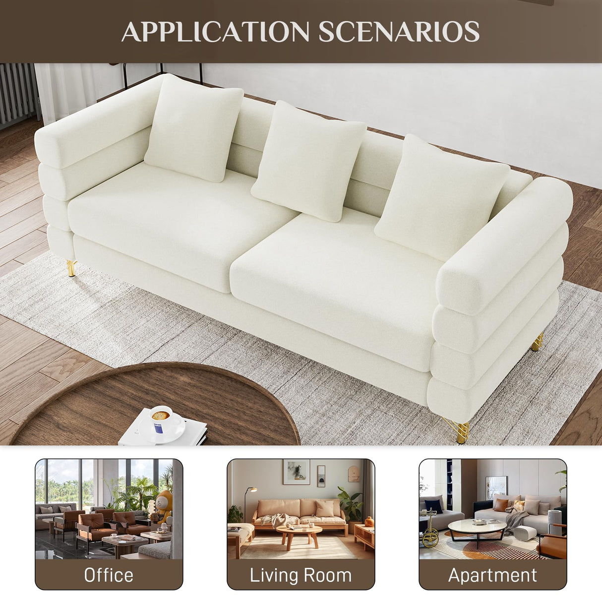 OUYESSIR Cloud Sofa Couch for Living Room, 79" Comfy Deep Seat Velvet Sofa with 3 Pillows and Gold Legs, Modern Upholstered 3 Seater Large Loveseat for Bedroom Office, White Velvet OUYESSIR