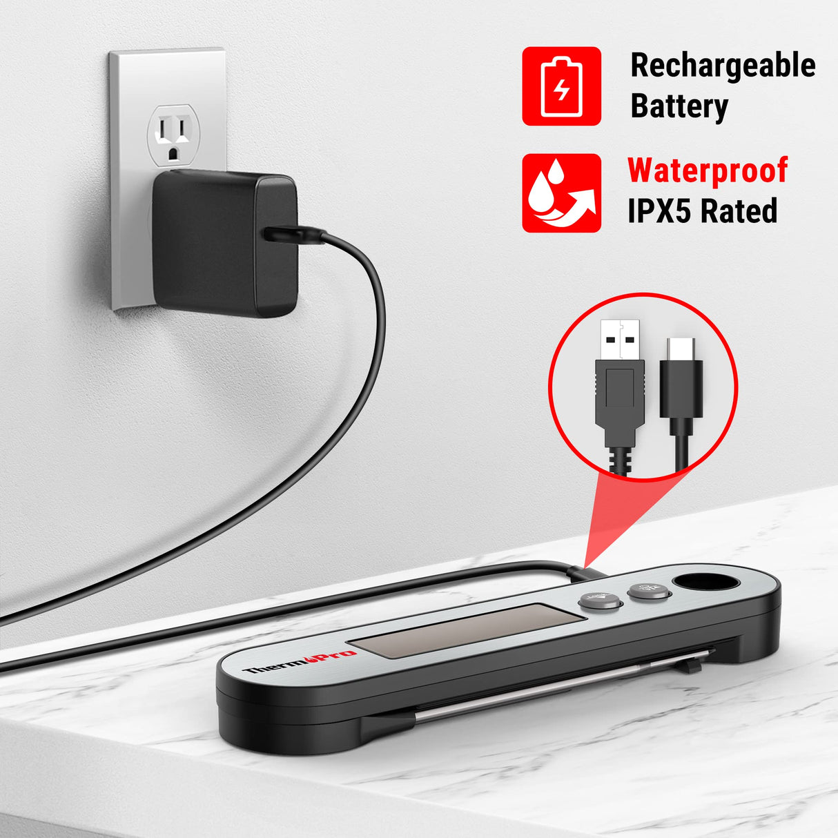 ThermoPro TP610 Digital Meat Thermometer for Cooking, Rechargeable Instant Read Food Thermometer with Rotating LCD Screen, Waterproof Cooking Thermometer with Alarm for Grilling, Smoker, BBQ, Oven ThermoPro