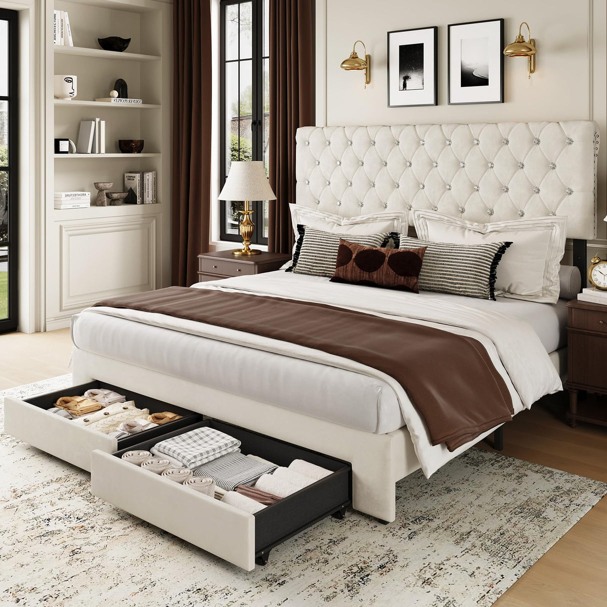 Belffin Queen Size Bed Frame with 2 Storage Drawers, Upholstered Bed Frame with Adjustable Diamond Headboard, Velvet Modern Platform Bed Frame, No Box Spring Needed, Easy to Assemble, Beige Belffin