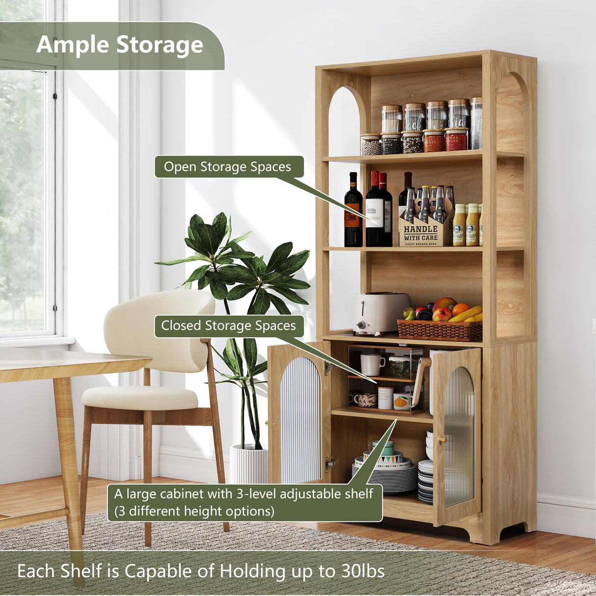 RARZOE Set of 2 Bookshelves and Bookcases, 5-Tier Arched Bookshelf with Glass Doors, Floor Standing 5 Shelf Book case, Wood Display Cabinet Storage Organizer for Living Room, Bedroom, Office(Natural) RARZOE