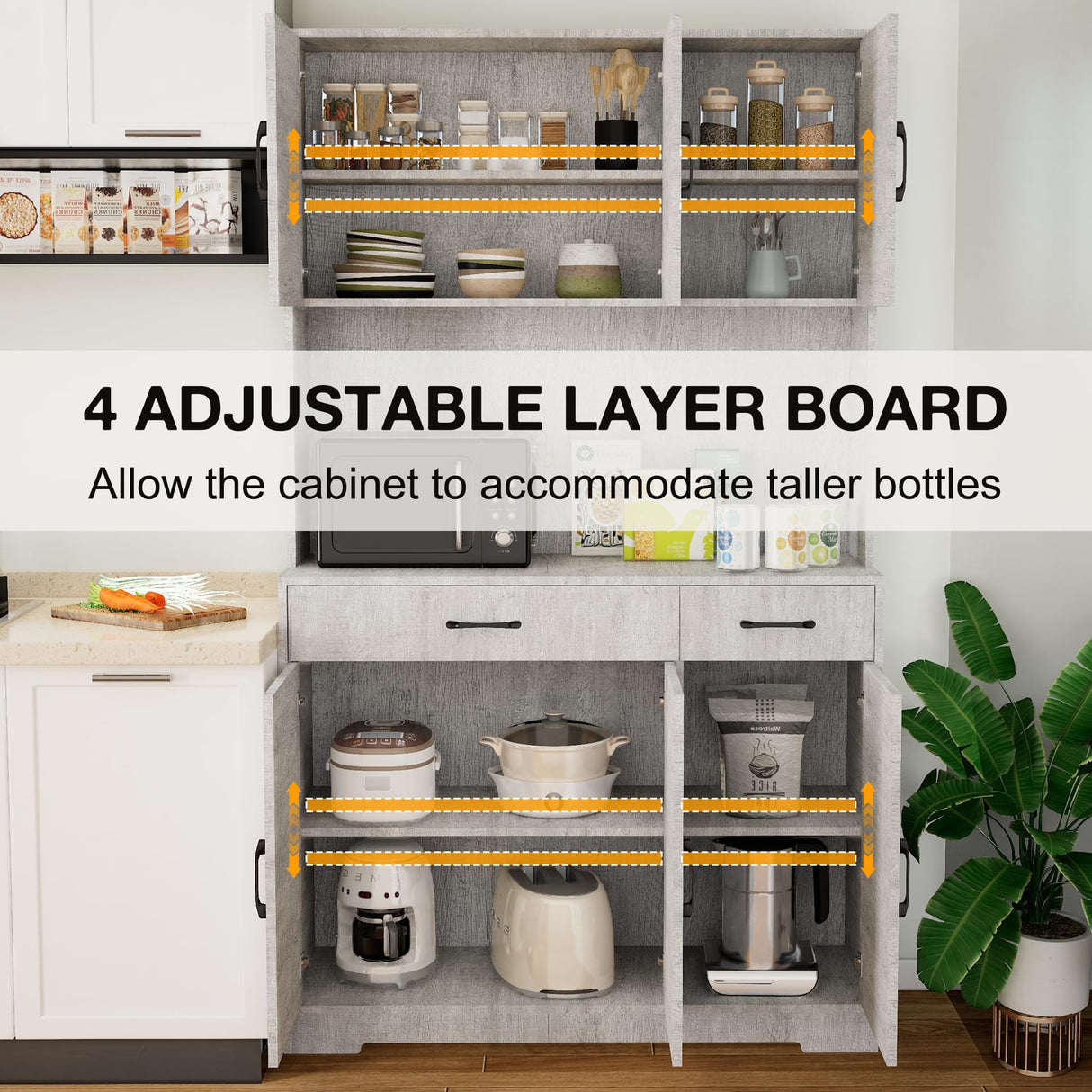 Azaeahom 71" Pantry Cabinet with Charging Station, Kitchen Storage Cabinet with Microwave Stand, 8-Zone Organization, 2 Smooth-Glide Drawers, Open Countertop for Dining, Kitchen, Living Room (Gray) Azaeahom