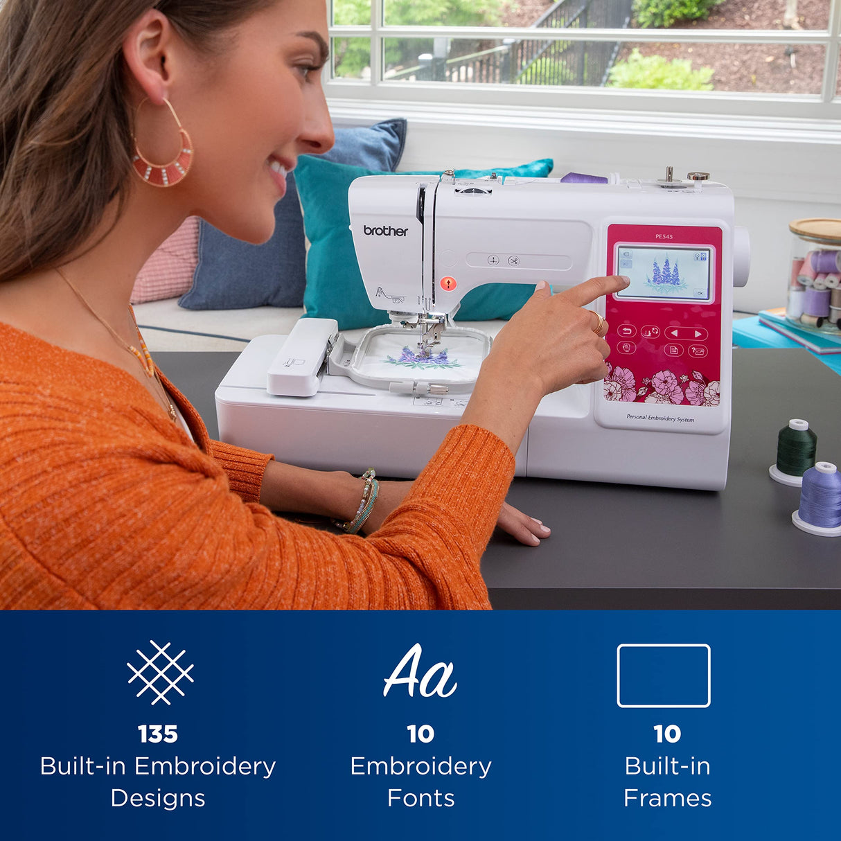 Brother PE545 Embroidery Machine, Wireless LAN Connected, 135 Built-in Designs, 4" x 4" Hoop Area, Large 3.7" LCD Touchscreen, USB Port, 10 Font Styles Brother