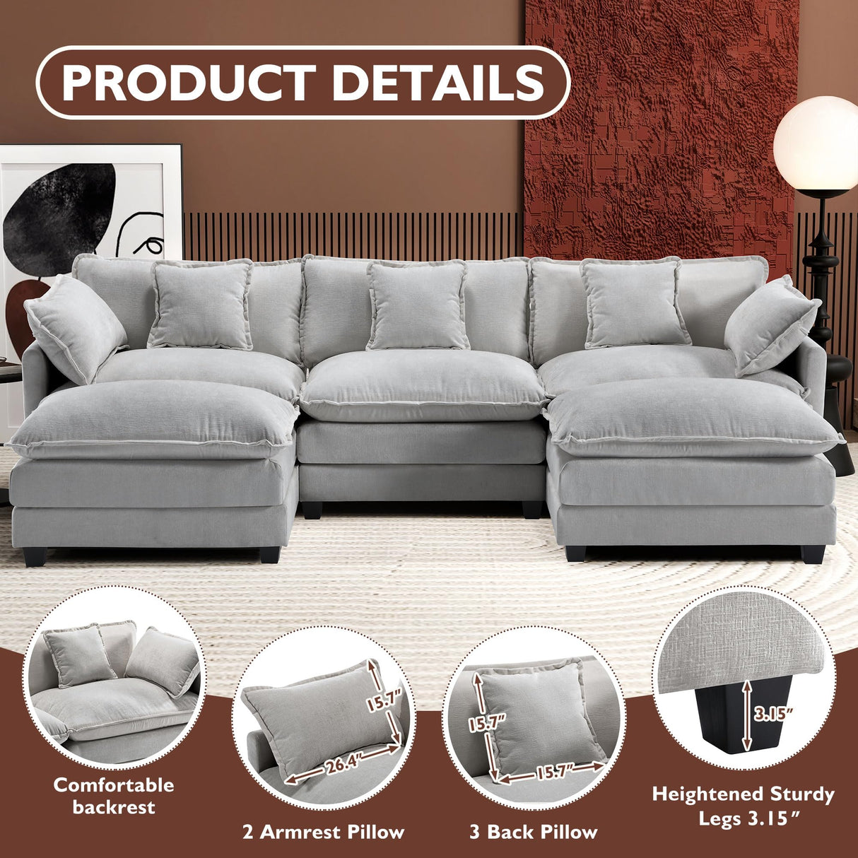 Ihanherry 111.4" U Shaped Modern Cloud Sofa Modular Sectional Couch with 2 Ottoman, 5-Seat Chenille Deep Seat Sofa with Pillow for Living Room, Bedroom and Apartment, Grey Ihanherry