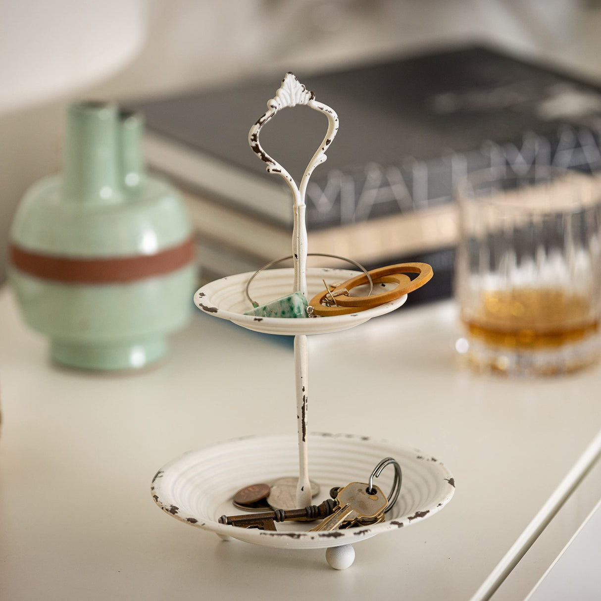 Stonebriar Small 2 Tier Worn White Metal Tray, Rustic Farmhouse Decor, Tiered Jewelry Tray for Vanity or Bathroom, 9.25" Stonebriar