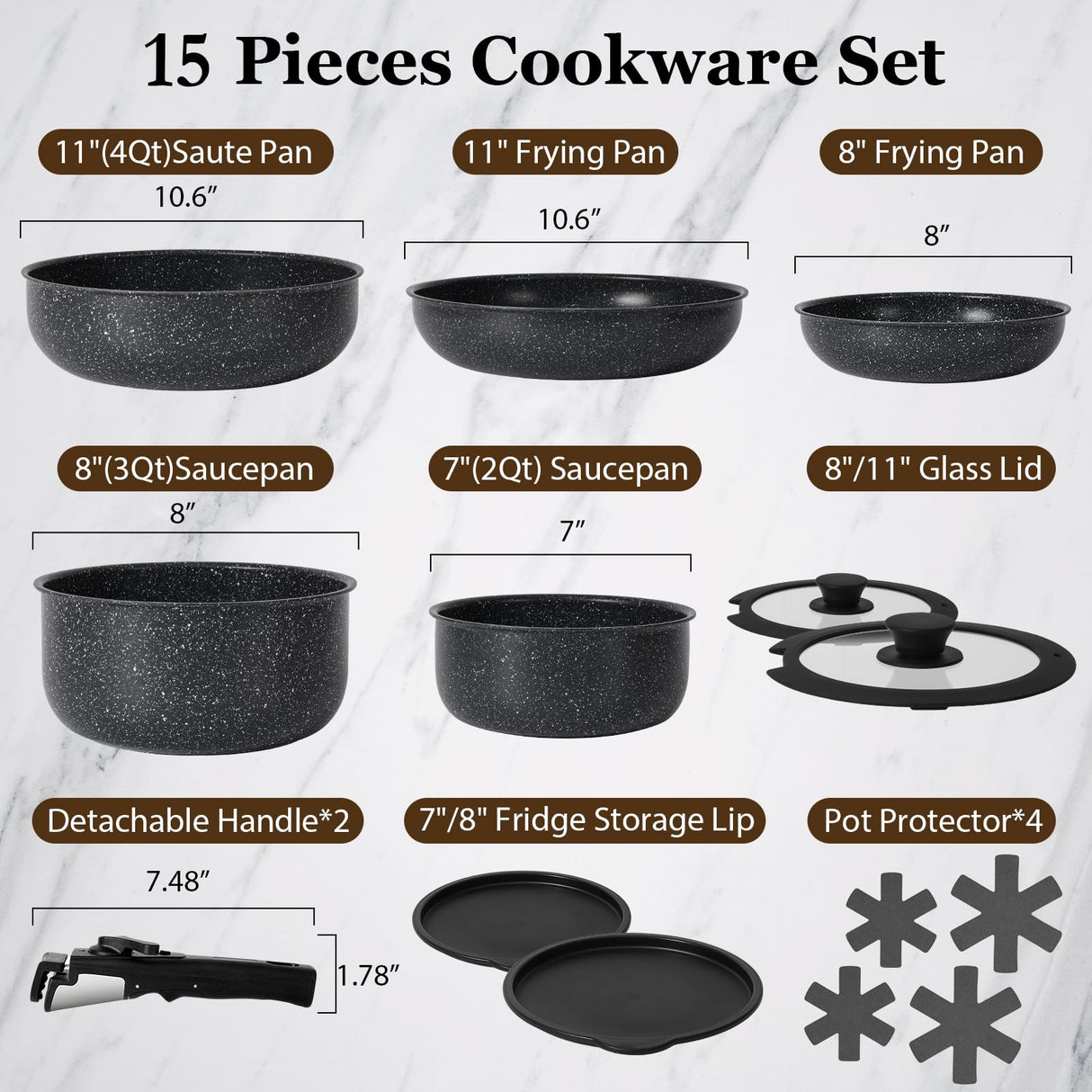 SODAY 15Pcs Pots and Pans Set Non Stick, Cookware Sets with Detachable Handle, Nonstick RV Kitchen Cooking Tools Removable Handles, Oven Safe, Induction Fast, Stackable Induction Cookware,Black SODAY