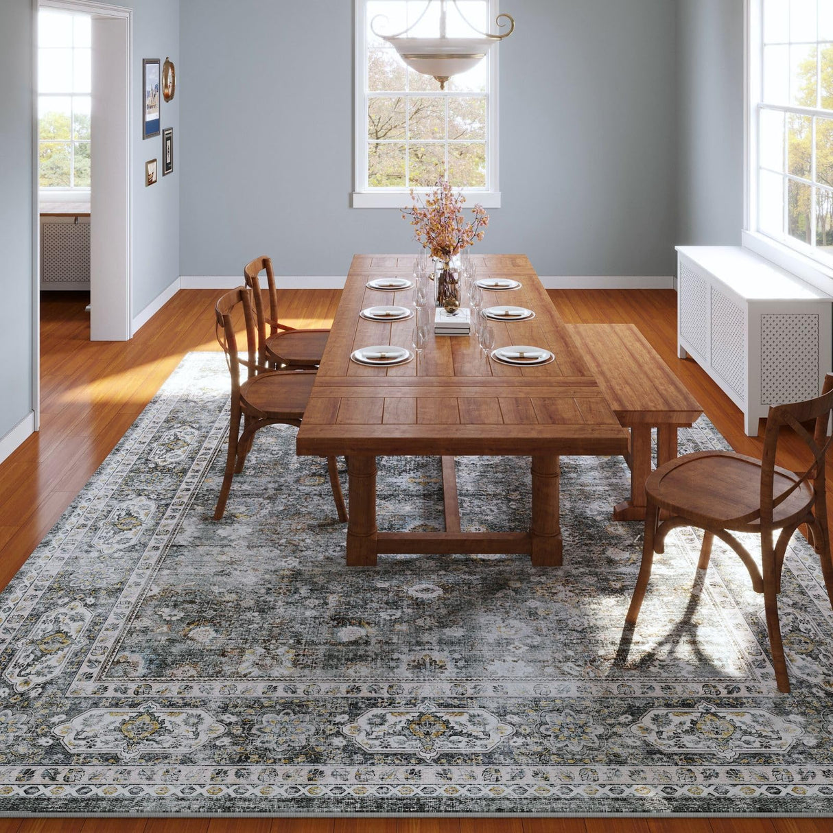 Rugcomf 8x10 Rug Washable Boho Soft Large Area Rug Non-Slip Faux Wool Vintage Rug for Living Room, Farmhouse, Dining Room, Indoor, Kids Playroom (Grey) Rugcomf