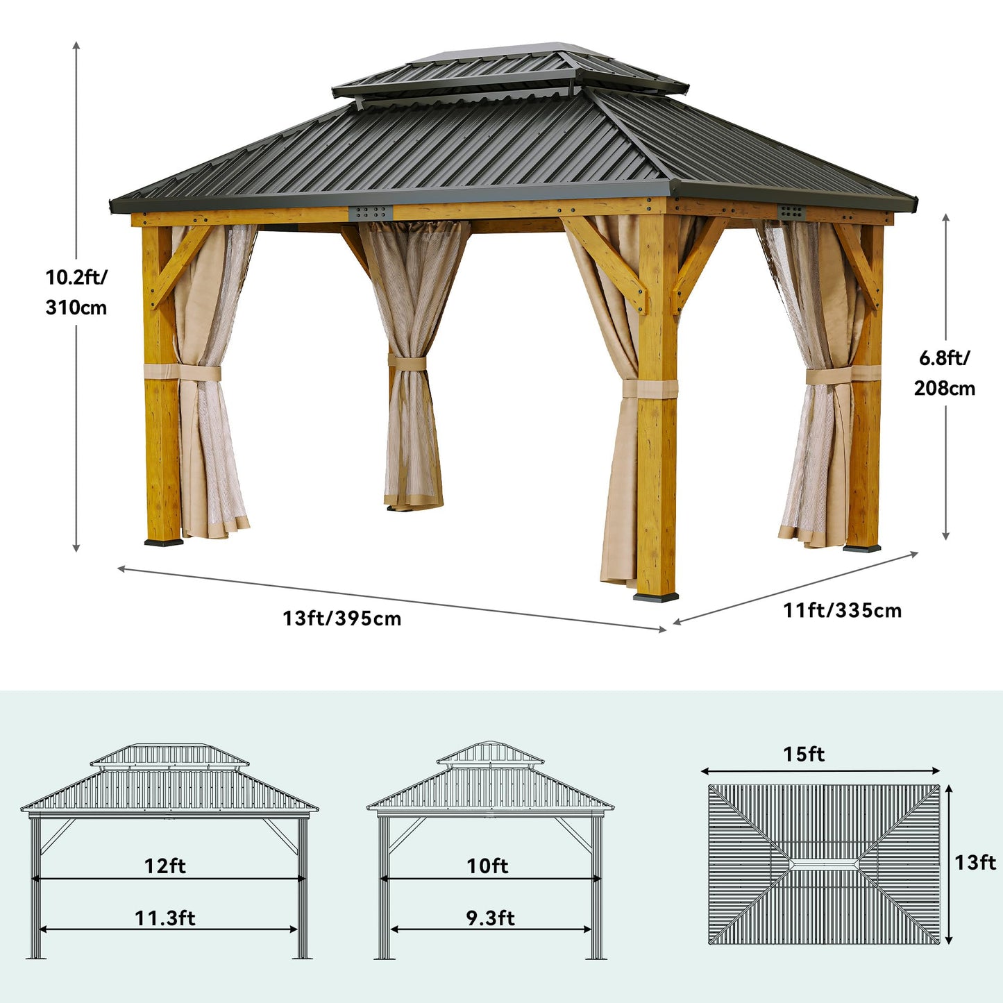 YITAHOME 11X13FT Wood Gazebo Outdoor Wooden Frame Gazebo Double Roof Hardtop Galvanized Steel Top Canopy w/Curtain and Netting, Patio Heavy Duty