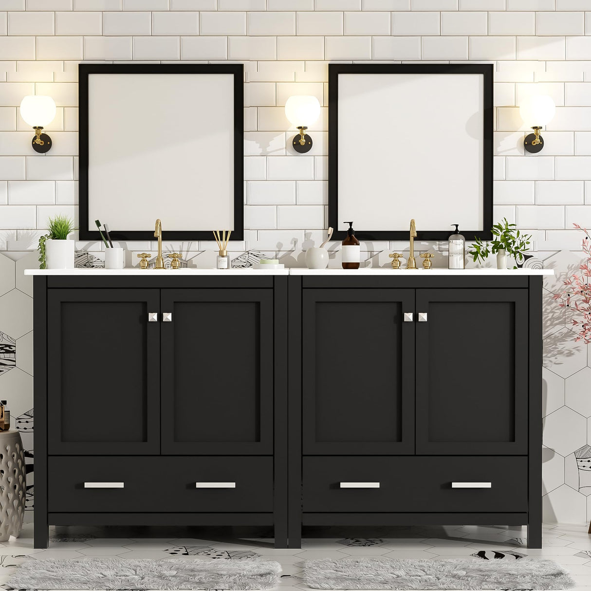60" Black Bathroom Vanity with Double Sink, 60 Inch Bathroom Vanity Set with Double Vanities (Separate), 2 Bathroom Vanities with Sink, Storage Shelf, and Divided Drawers (Mirror not Included) Mirightone