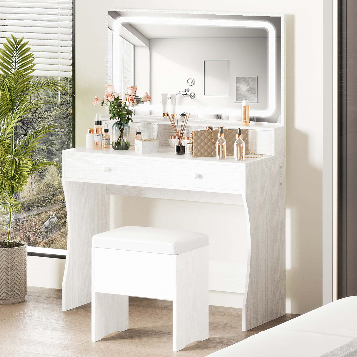 IRONCK Vanity Desk Set with LED Lighted Mirror & Power Outlet, Makeup Vanity Table with 4 Drawers,Storage Bench,for Bedroom, Bathroom, White IRONCK