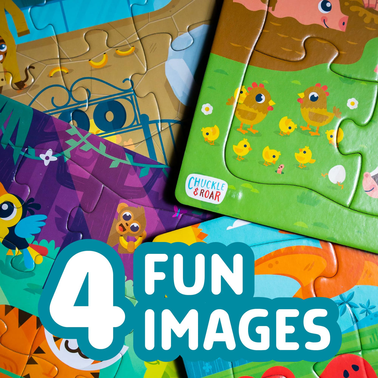 Chuckle & Roar - 4 Pack Tray Puzzles - Farm, Dinosaurs, Jungle, and Zoo - Larger Pieces Designed for Preschool Hands - 12 & 24 PC Tray Puzzles Chuckle & Roar