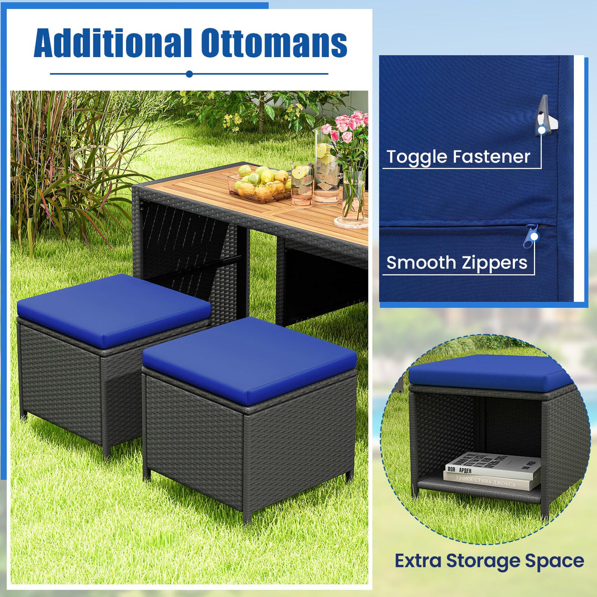 Tangkula 4 Pieces Patio Dining Set, Space Saving PE Rattan Loveseat with Acacia Wood Top Dining Table, Storage Ottomans & Soft Cushions, Outdoor Sectional Conversation Set (Navy Blue) Tangkula