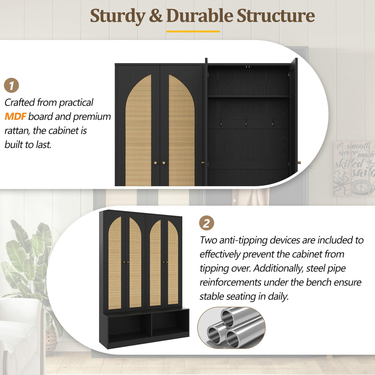 LUMISOL Farmhouse Widen Hall Tree with 4 Rattan Doors for Entryway, 4-in-1 Seating Bench with 6 Hidden Hooks, 78.7”H Entryway Shoe Cabinet with Open Bottom Compartments and Adjustable Shelf, Black LUMISOL