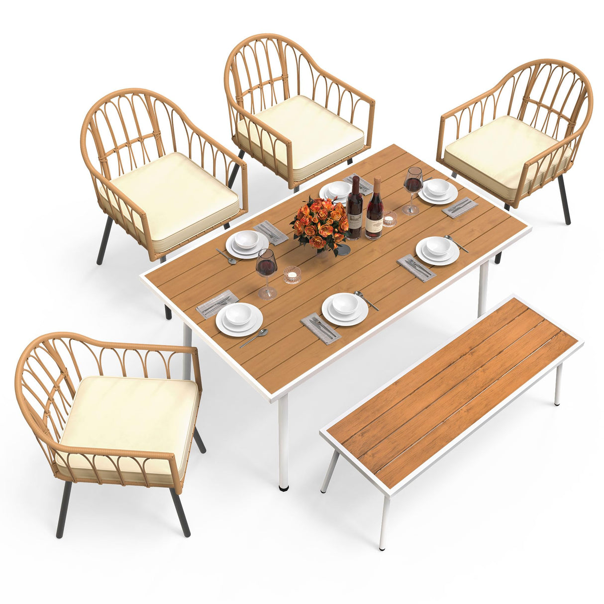 YITAHOME 6 Pieces Outdoor Patio Dining Set, Rattan Wicker Patio Dining Chair & Table & Bench Set for 6 People, Sectional Conversation Set with Umbrella Hole for Patios, Backyard, Balcony, Garden, Lawn YITAHOME