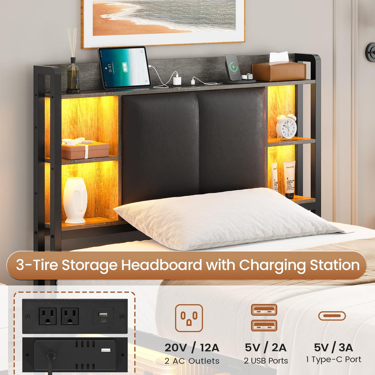 AOGLLATI Modern Twin Bed Frame with LED Lights, Storage Headboard and Drawers in Black Oak AOGLLATI