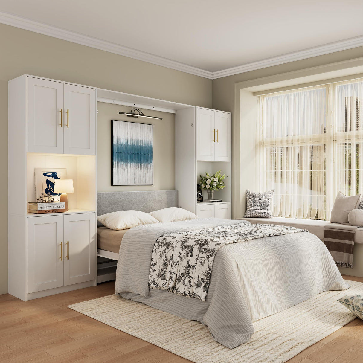 Farmhouse Murphy Bed Queen, 85" Wall Bed Folds to Save Space, Concealed Bed Frame with 2 Storage Cabinets and Wall Mounted Features for Apartment/Office/Guest Room Bobve