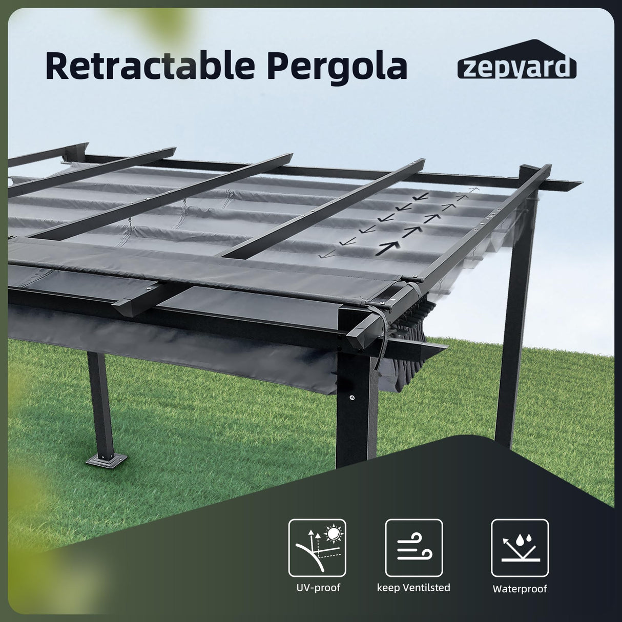 ZEPYARD 10X10 FT Outdoor Pergola, Aluminum Pergola with Sun Shade Retractable Canopy, Patio Retractable Pergola for Deck, Backyard, Grill (Grey) ZEPYARD