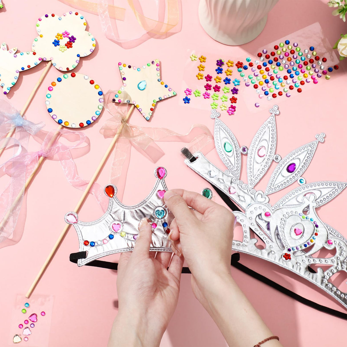Equsion 72 Pcs Foam Princess Crowns DIY Tiaras Kids Party Princess Supplies Rhinestone Sticker Wooden Wand for Birthday Party Girls Making Your Own Tiara Equsion