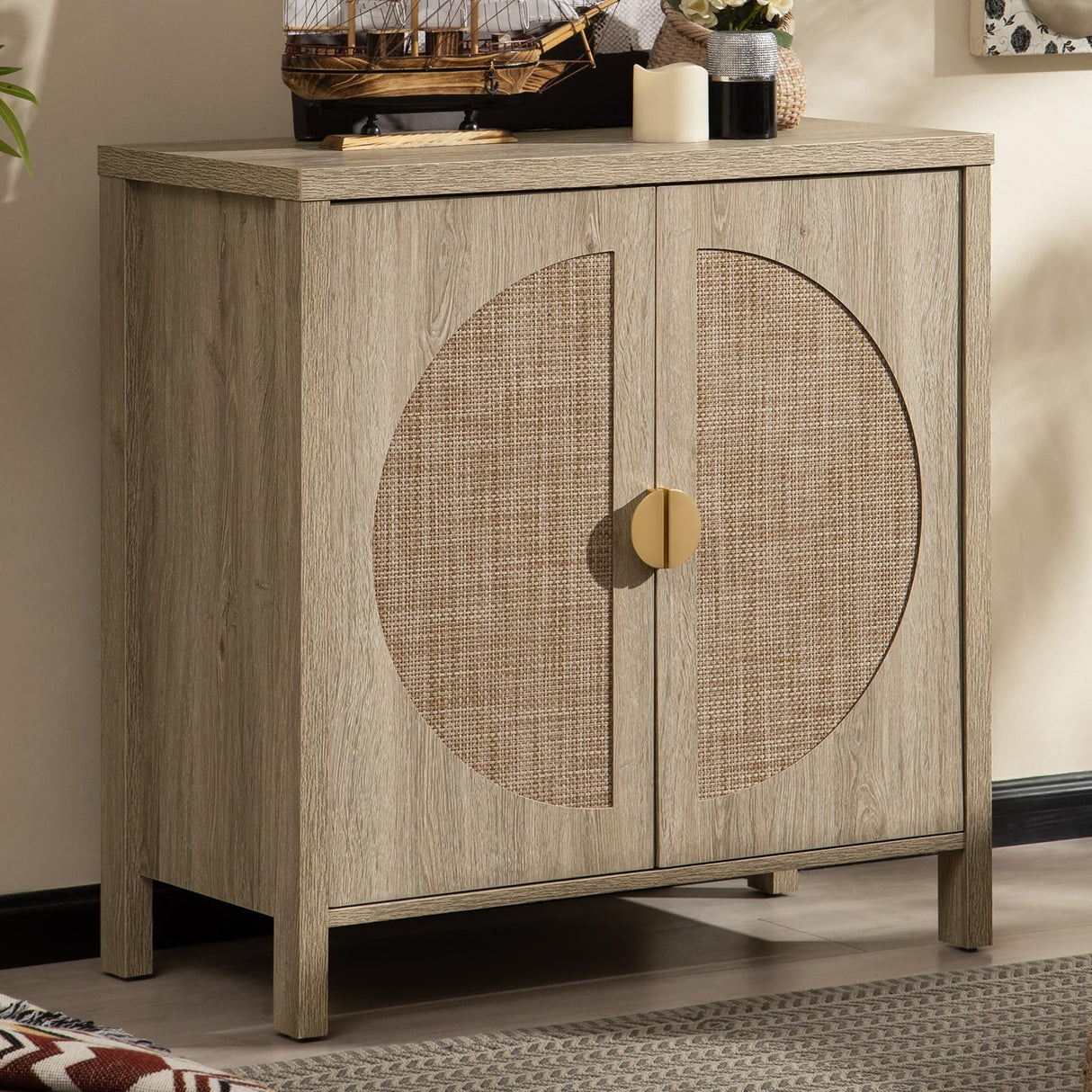 SICOTAS Accent Wood Storage Cabinet with Rattan Doors, Sideboard Buffet Cabinet with Adjustable Shelves, Multifunctional Console Table Rattan Credenza for Dining Room, Living Room, Entryway SICOTAS