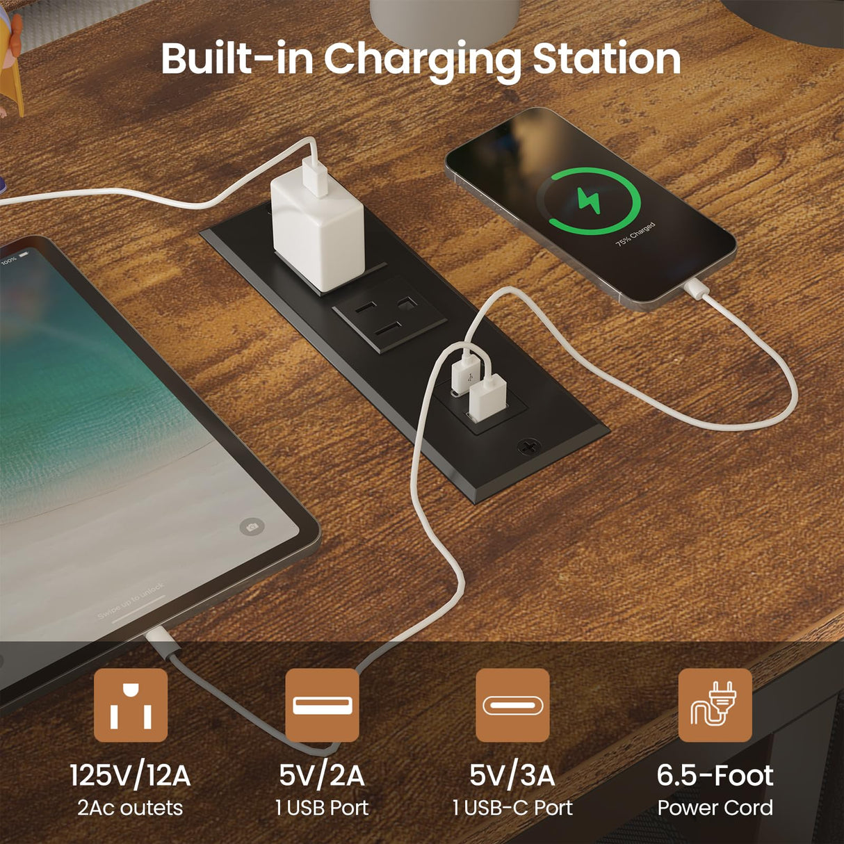 VIAGDO Bunk Bed Twin Over Twin with Charging Station and LED Lights, Heavy Duty Metal Bunk Bed with Desk and 3 Storage Drawers, Utility Storage Shelf and Boxes, No Box Spring Needed, Black VIAGDO