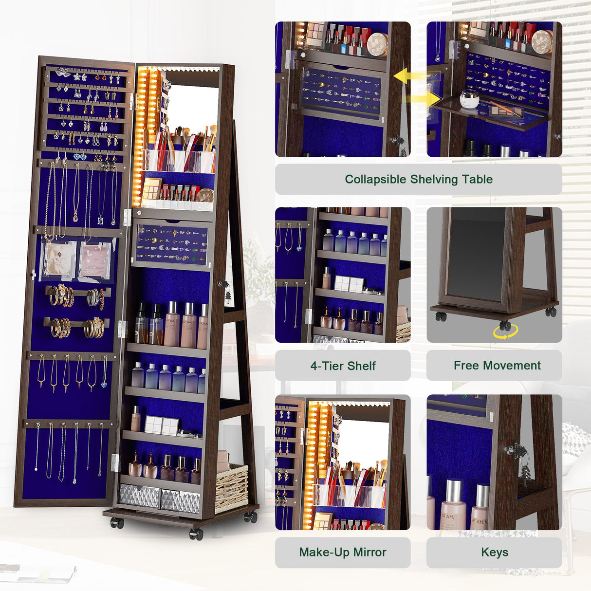 HNEBC 360° Rotating Jewelry Armoire with Lights, Lockable Mirror Jewelry Cabinet, Standing Full Length Mirror with Jewelry Storage, Large Jewelry Mirror Organizer, Wheels,Foldable Makeup Shelf (Brown) HNEBC