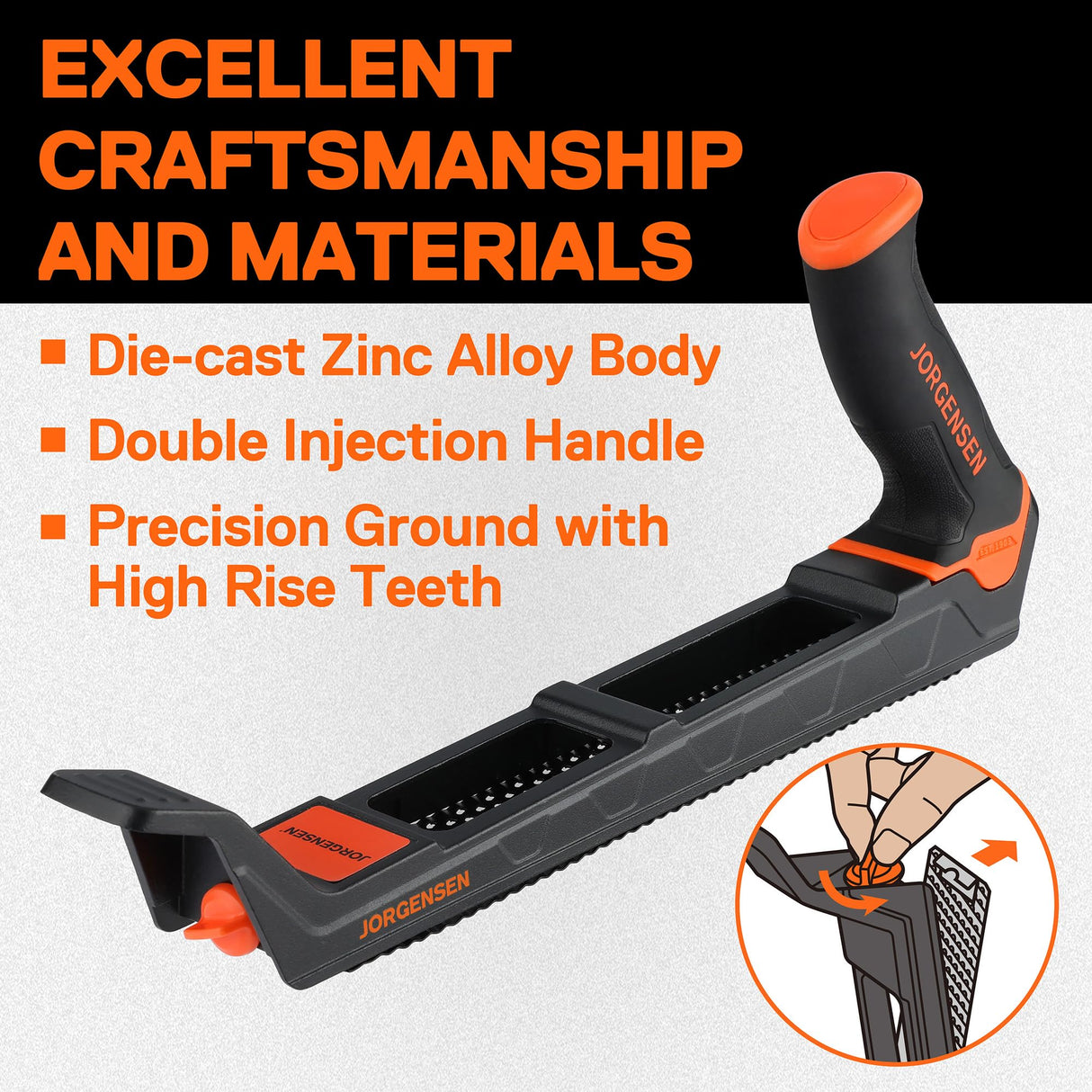 JORGENSEN Wood Plane, Professional Surform Plane, Zinc Alloy Die Casting Body, 65MN Sharp Blade, Wood Shaver Tool for Woodworking Rasp - Ergonomic Soft Grip Handle Jorgensen