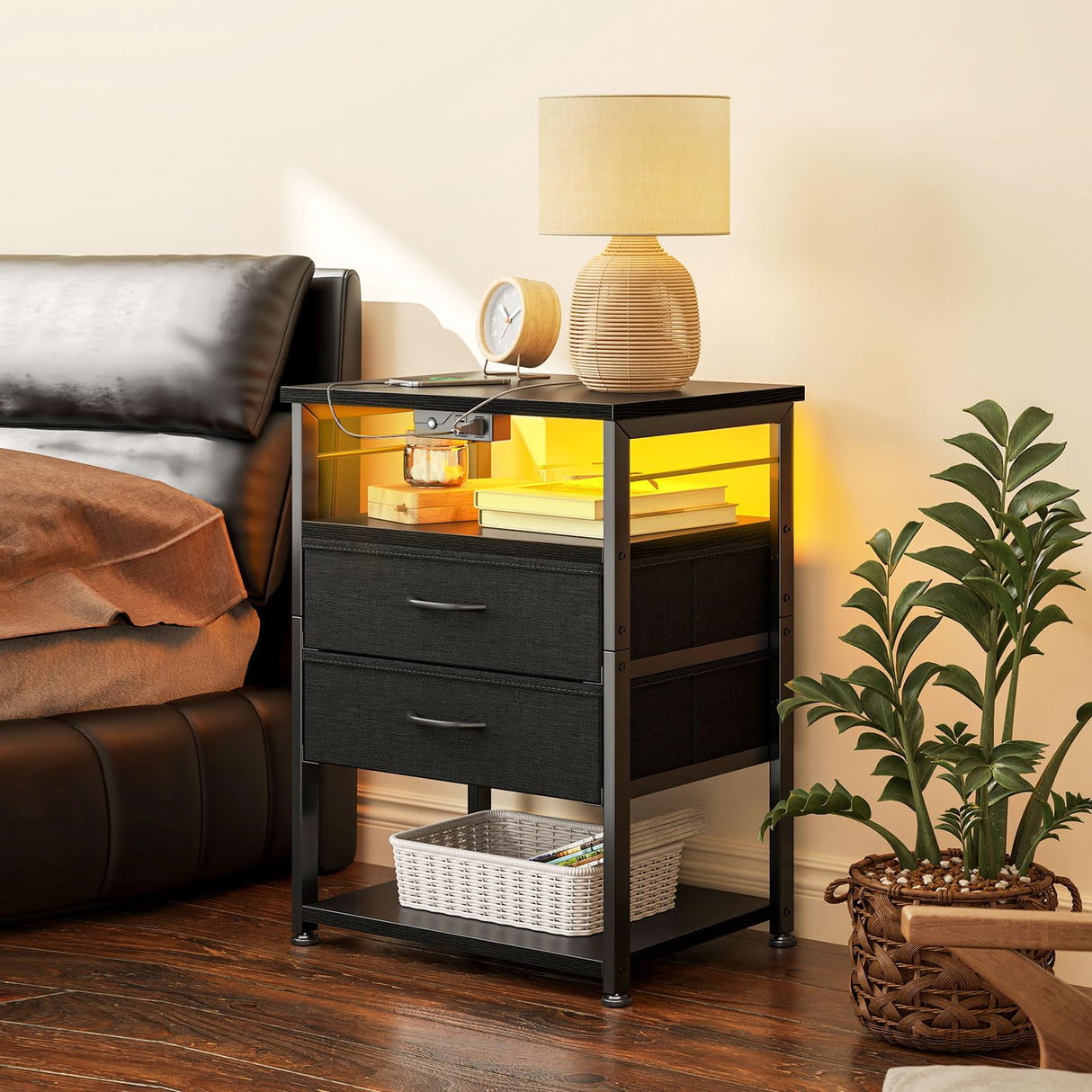 AODK Night Stand with Charging Station, End Table for Bedroom Tall Nightstand with Drawers, Small Nightstand for Bedroom, 4 Tier Storage Bedside Table, Black AODK