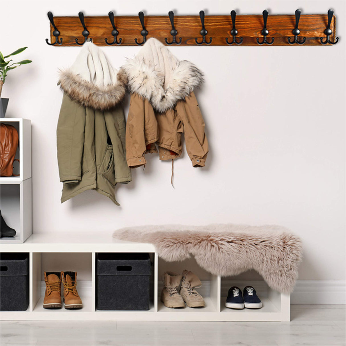 Dseap Coat Rack Wall Mounted - 10 Tri Hooks, 38-1/4" Long, Heavy Duty Wooden Wall Coat Hanger Coat Hook for Clothes Hat Jacket Clothing, Natural & Black Dseap